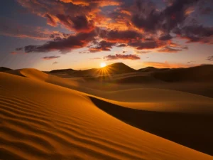 The setting sun bathes both the desert landscape and the clouds in the sky in the evening light.