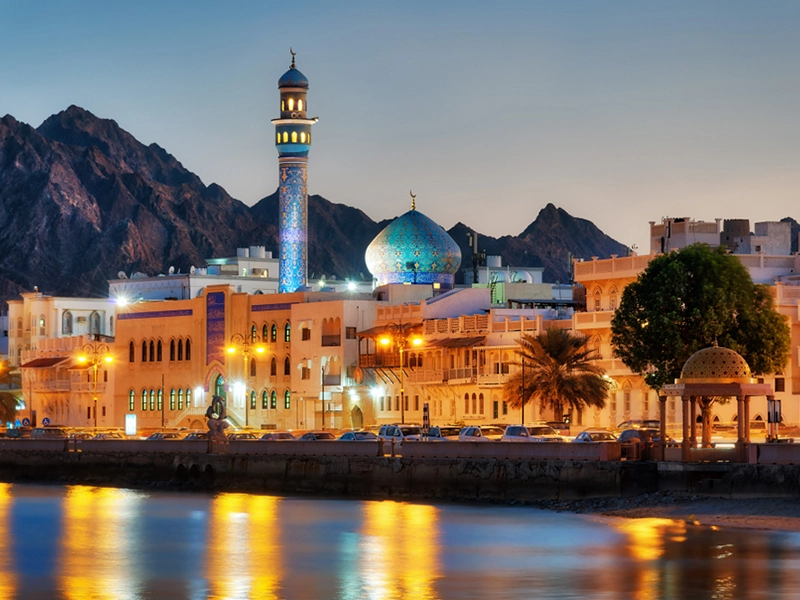 Scenic view of Muscat cityscape at twilight with illuminated buildings, a mosque, and mountains in the background