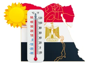 Egypt flag black white and red shown in background as map and sun in left with a temperature reader on the front with 48 degree Celsius