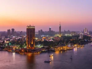 View from above of illuminated Cairo at night