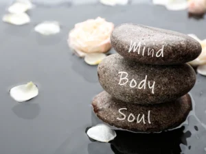 Three round stones lying one above the other are labeled mind, body and soul. They are surrounded by some white people lily pads.