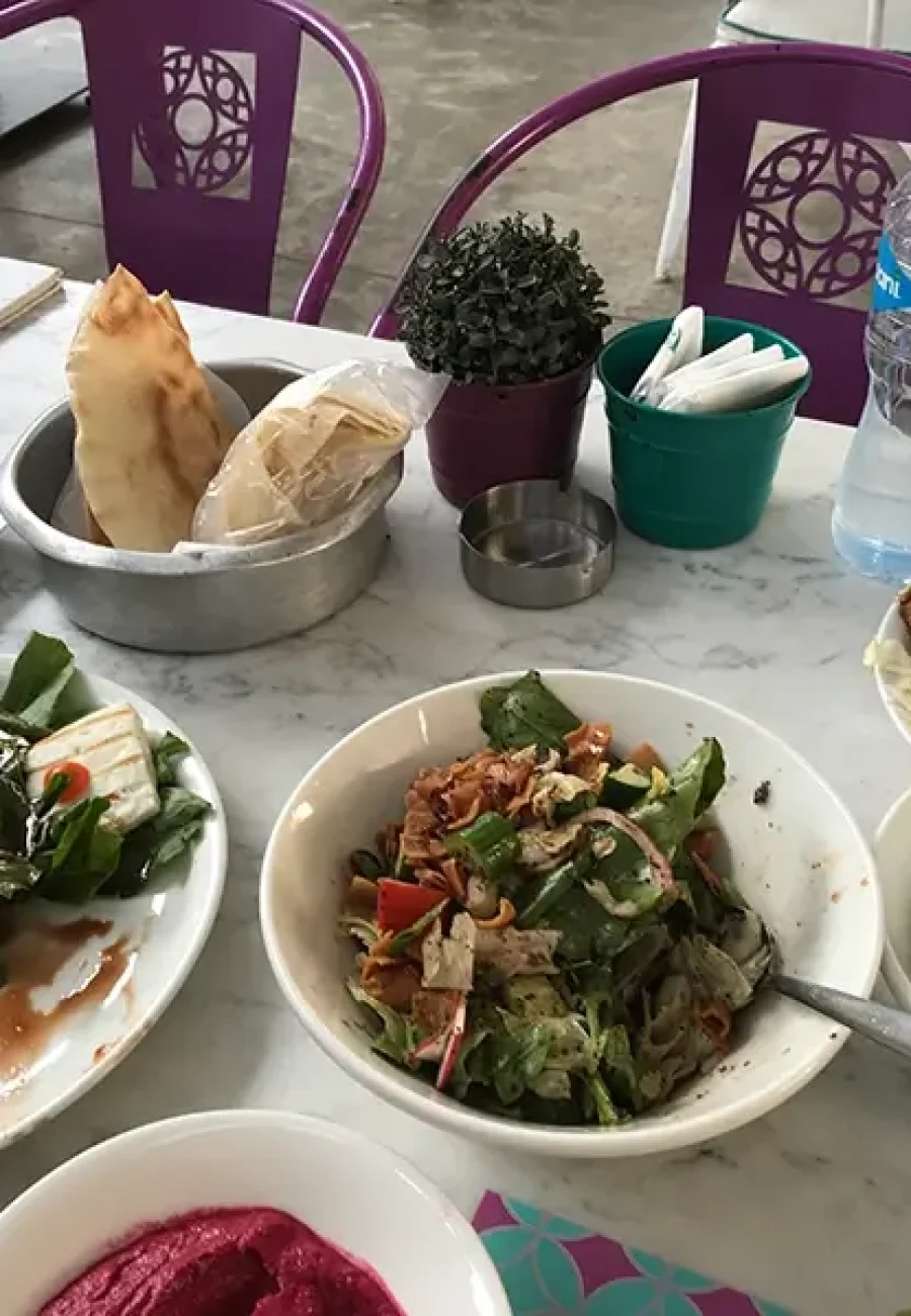 A table displaying Haloumi Cheese and Fattouch Salad and Meatballs with Roman and Tahina with Beetroot